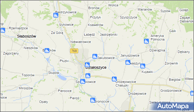 mapa Jakubowice gmina Działoszyce, Jakubowice gmina Działoszyce na mapie Targeo