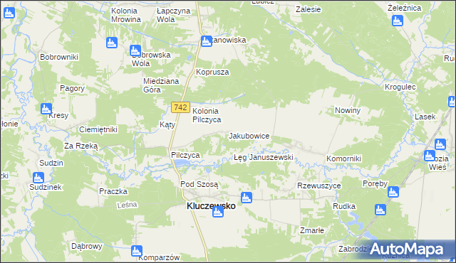 mapa Jakubowice gmina Kluczewsko, Jakubowice gmina Kluczewsko na mapie Targeo