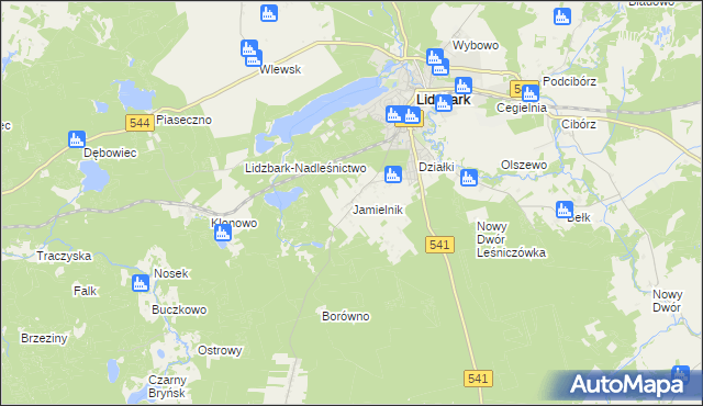 mapa Jamielnik gmina Lidzbark, Jamielnik gmina Lidzbark na mapie Targeo