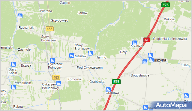 mapa Jamno gmina Mykanów, Jamno gmina Mykanów na mapie Targeo