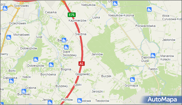 mapa Janinów gmina Brzeziny, Janinów gmina Brzeziny na mapie Targeo