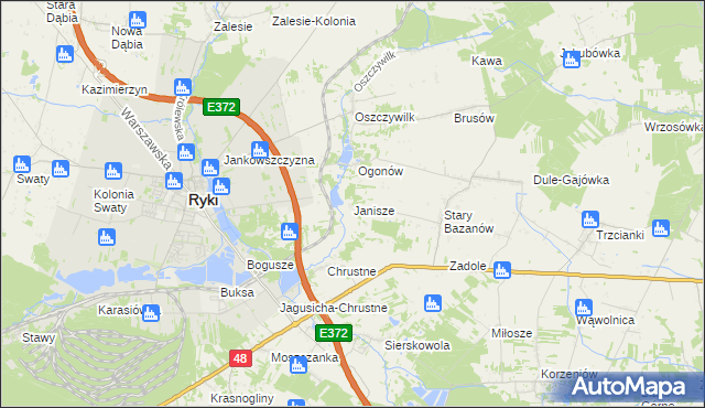mapa Janisze gmina Ryki, Janisze gmina Ryki na mapie Targeo