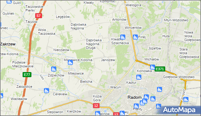 mapa Janiszew gmina Zakrzew, Janiszew gmina Zakrzew na mapie Targeo