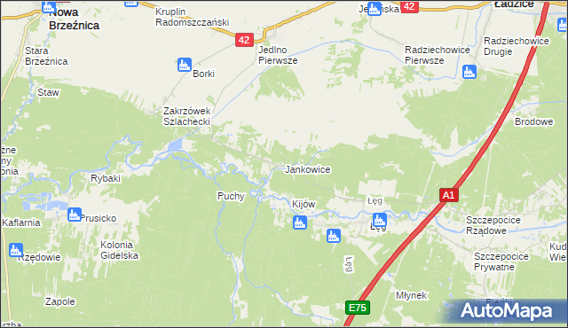 mapa Jankowice gmina Ładzice, Jankowice gmina Ładzice na mapie Targeo