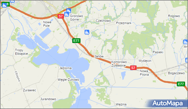 mapa Janów gmina Elbląg, Janów gmina Elbląg na mapie Targeo