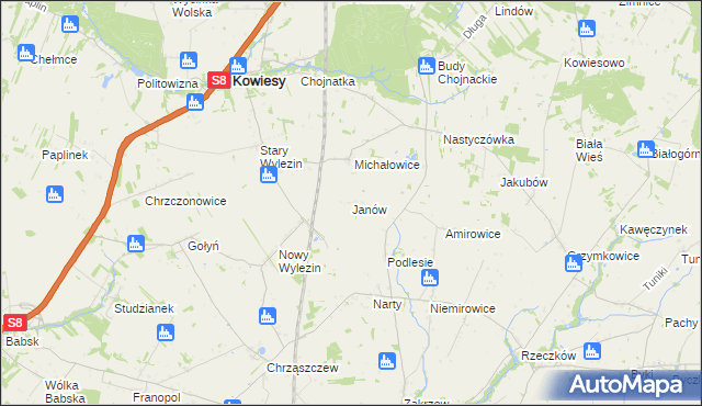 mapa Janów gmina Kowiesy, Janów gmina Kowiesy na mapie Targeo