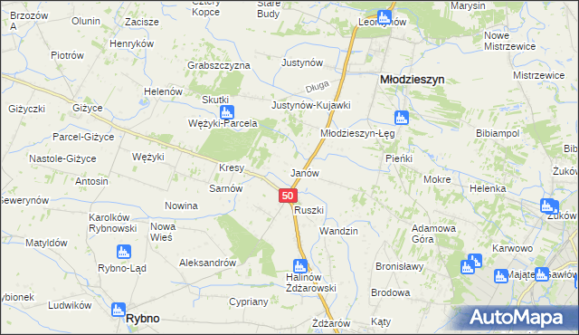 mapa Janów gmina Młodzieszyn, Janów gmina Młodzieszyn na mapie Targeo