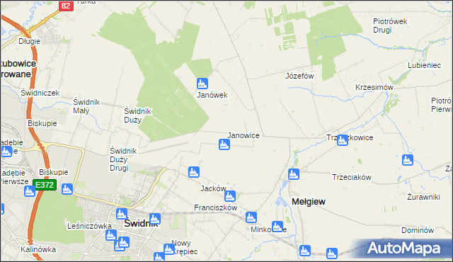 mapa Janowice gmina Mełgiew, Janowice gmina Mełgiew na mapie Targeo