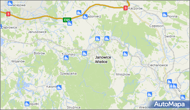 mapa Janowice Wielkie, Janowice Wielkie na mapie Targeo