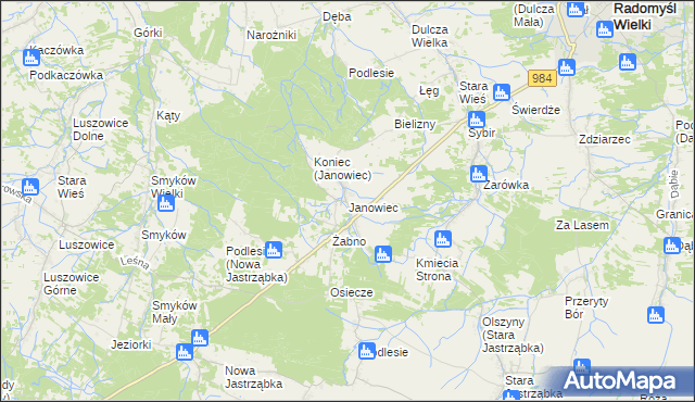 mapa Janowiec gmina Radomyśl Wielki, Janowiec gmina Radomyśl Wielki na mapie Targeo