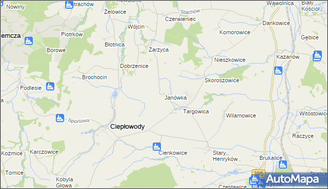 mapa Janówka gmina Ciepłowody, Janówka gmina Ciepłowody na mapie Targeo