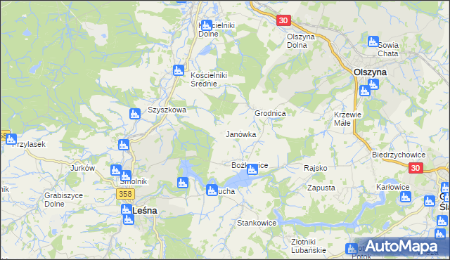 mapa Janówka gmina Leśna, Janówka gmina Leśna na mapie Targeo