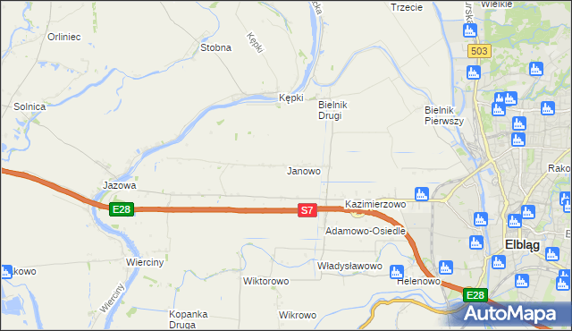 mapa Janowo gmina Elbląg, Janowo gmina Elbląg na mapie Targeo