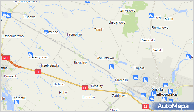 mapa Januszewo gmina Środa Wielkopolska, Januszewo gmina Środa Wielkopolska na mapie Targeo