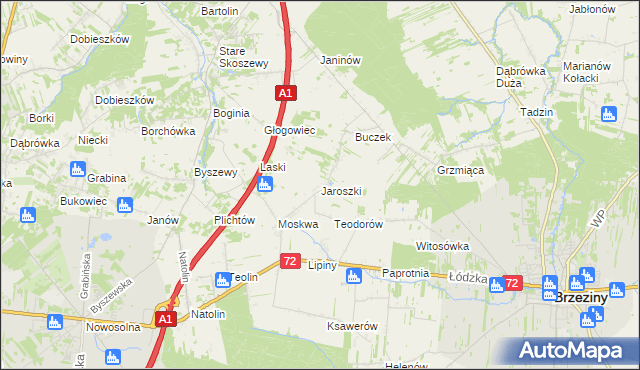 mapa Jaroszki gmina Brzeziny, Jaroszki gmina Brzeziny na mapie Targeo