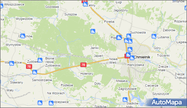 mapa Jasień gmina Chmielnik, Jasień gmina Chmielnik na mapie Targeo