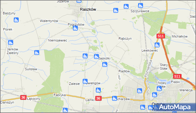 mapa Jaskółki gmina Raszków, Jaskółki gmina Raszków na mapie Targeo