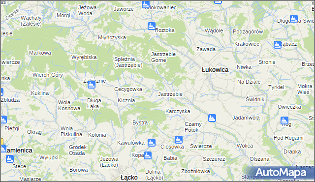 mapa Jastrzębie gmina Łukowica, Jastrzębie gmina Łukowica na mapie Targeo