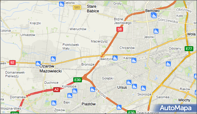 mapa Jawczyce gmina Ożarów Mazowiecki, Jawczyce gmina Ożarów Mazowiecki na mapie Targeo