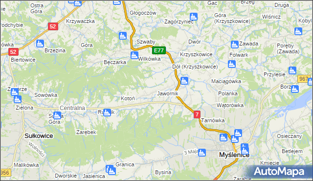 mapa Jawornik gmina Myślenice, Jawornik gmina Myślenice na mapie Targeo