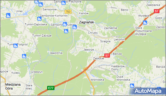 mapa Jaworze gmina Zagnańsk, Jaworze gmina Zagnańsk na mapie Targeo