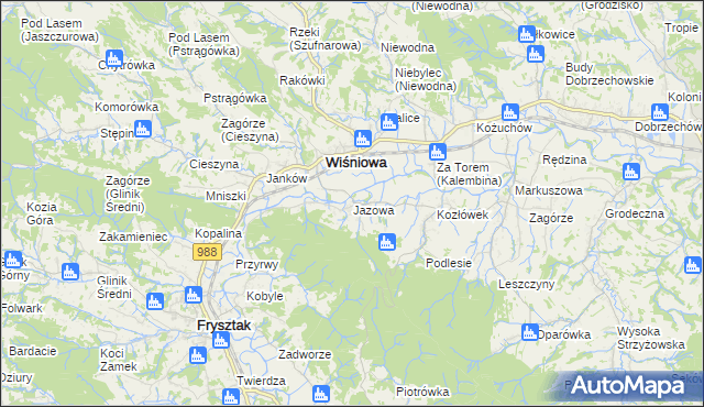 mapa Jazowa gmina Wiśniowa, Jazowa gmina Wiśniowa na mapie Targeo