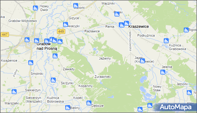 mapa Jaźwiny gmina Kraszewice, Jaźwiny gmina Kraszewice na mapie Targeo