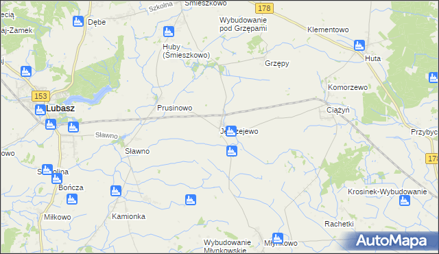 mapa Jędrzejewo gmina Lubasz, Jędrzejewo gmina Lubasz na mapie Targeo