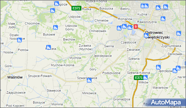 mapa Jędrzejowice gmina Bodzechów, Jędrzejowice gmina Bodzechów na mapie Targeo