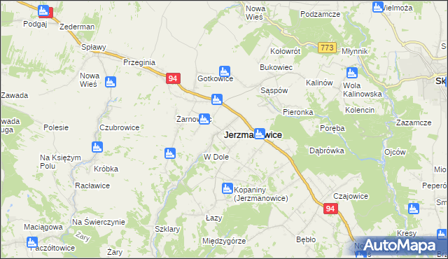 mapa Jerzmanowice gmina Jerzmanowice-Przeginia, Jerzmanowice gmina Jerzmanowice-Przeginia na mapie Targeo