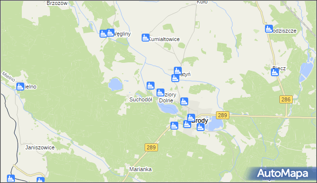 mapa Jeziory Dolne, Jeziory Dolne na mapie Targeo