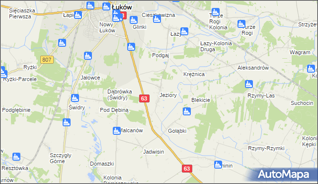 mapa Jeziory gmina Łuków, Jeziory gmina Łuków na mapie Targeo