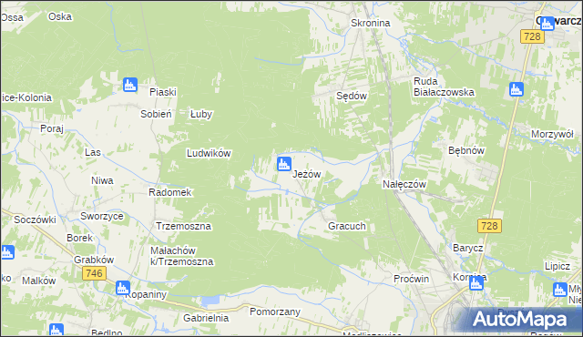mapa Jeżów gmina Końskie, Jeżów gmina Końskie na mapie Targeo