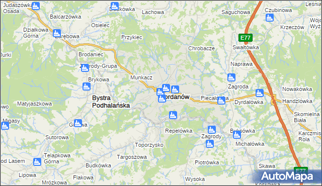 mapa Jordanów powiat suski, Jordanów powiat suski na mapie Targeo