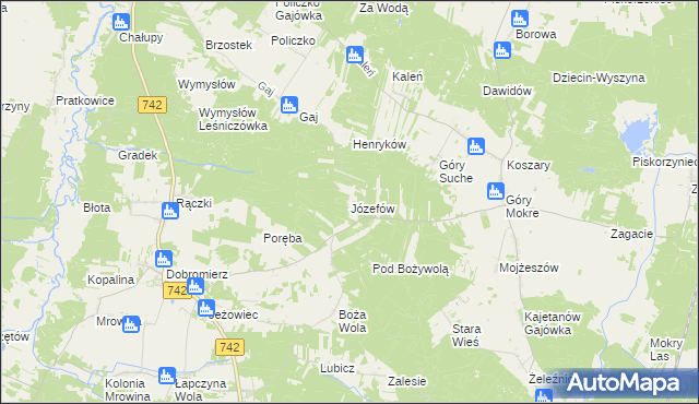 mapa Józefów gmina Przedbórz, Józefów gmina Przedbórz na mapie Targeo