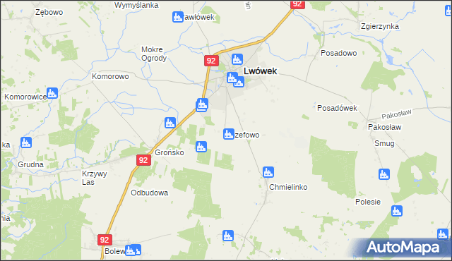 mapa Józefowo gmina Lwówek, Józefowo gmina Lwówek na mapie Targeo