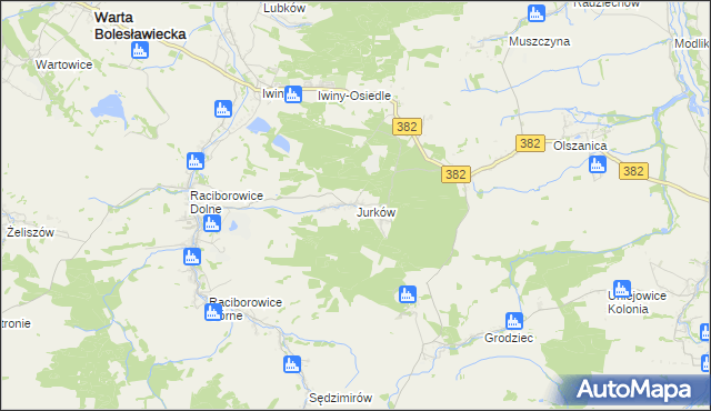 mapa Jurków gmina Warta Bolesławiecka, Jurków gmina Warta Bolesławiecka na mapie Targeo