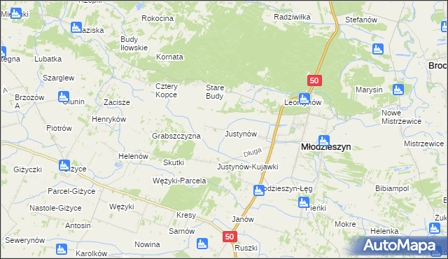 mapa Justynów gmina Młodzieszyn, Justynów gmina Młodzieszyn na mapie Targeo