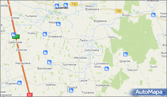 mapa Justynówka gmina Jasieniec, Justynówka gmina Jasieniec na mapie Targeo
