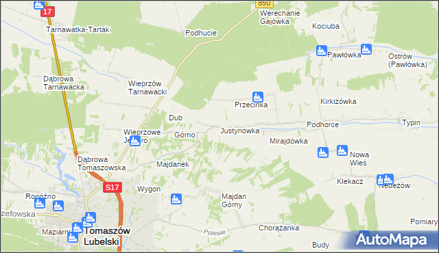 mapa Justynówka gmina Tomaszów Lubelski, Justynówka gmina Tomaszów Lubelski na mapie Targeo