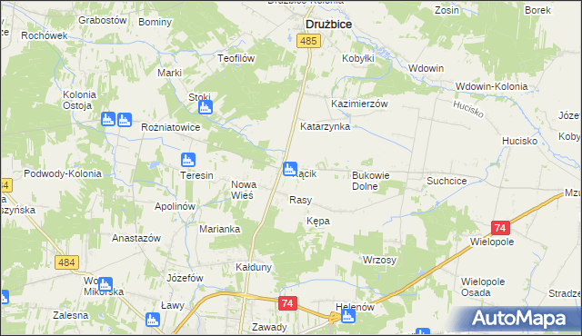 mapa Kącik gmina Drużbice, Kącik gmina Drużbice na mapie Targeo