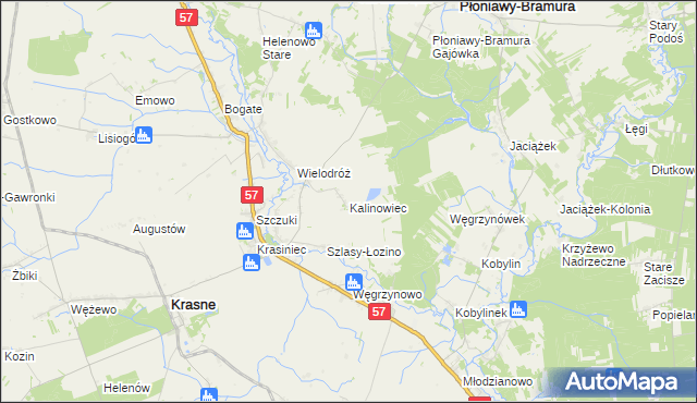 mapa Kalinowiec gmina Płoniawy-Bramura, Kalinowiec gmina Płoniawy-Bramura na mapie Targeo