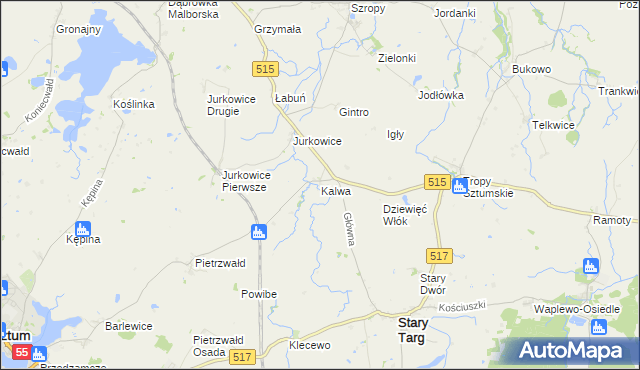 mapa Kalwa gmina Stary Targ, Kalwa gmina Stary Targ na mapie Targeo