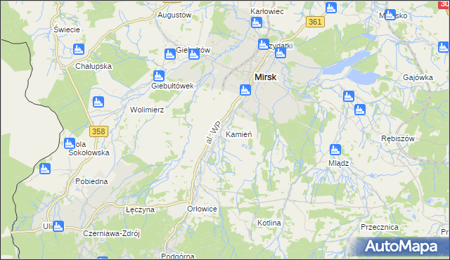 mapa Kamień gmina Mirsk, Kamień gmina Mirsk na mapie Targeo