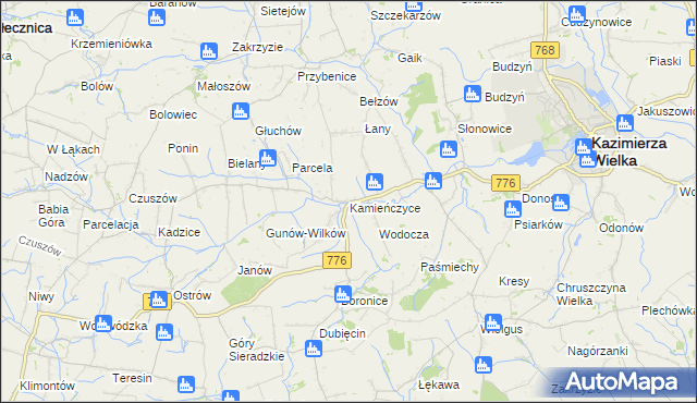 mapa Kamieńczyce gmina Kazimierza Wielka, Kamieńczyce gmina Kazimierza Wielka na mapie Targeo