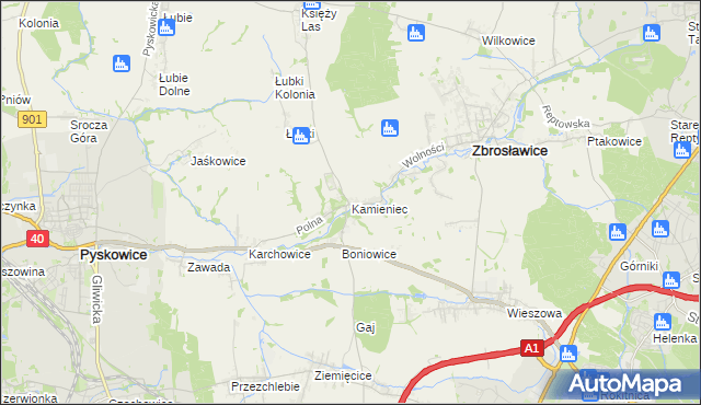 mapa Kamieniec gmina Zbrosławice, Kamieniec gmina Zbrosławice na mapie Targeo