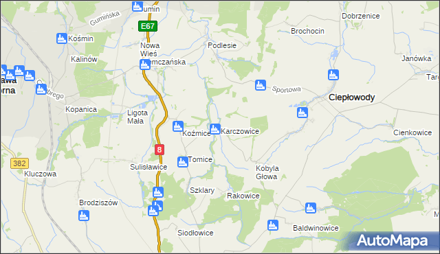 mapa Karczowice gmina Ciepłowody, Karczowice gmina Ciepłowody na mapie Targeo