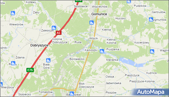 mapa Karkoszki gmina Gomunice, Karkoszki gmina Gomunice na mapie Targeo