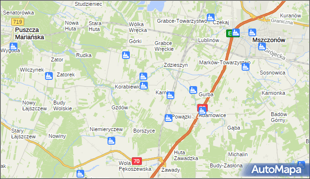 mapa Karnice gmina Puszcza Mariańska, Karnice gmina Puszcza Mariańska na mapie Targeo
