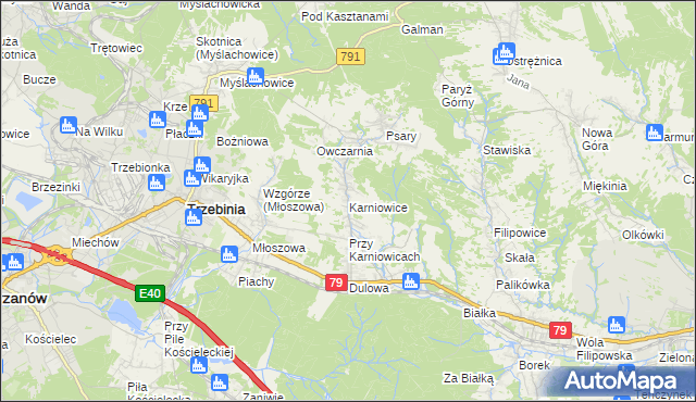 mapa Karniowice gmina Trzebinia, Karniowice gmina Trzebinia na mapie Targeo